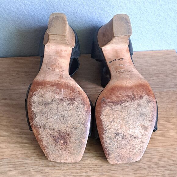 Melin Vintage Leather Ankle Strap Sandals Women 36 Black Block Heel Wood Detail - Picture 6 of 13